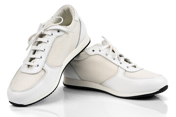 White leather sport sneakers isolated on white background with clipping path. Full Depth of Field