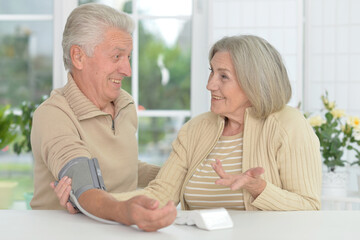 Senior couple measuring blood pressure together