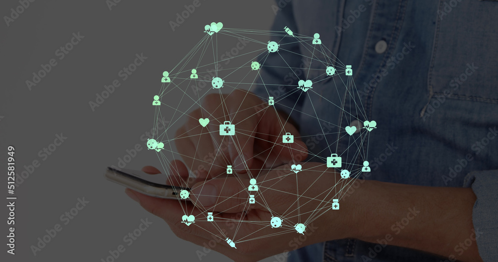 Sticker Image of network of connections with icons over men using smartphone