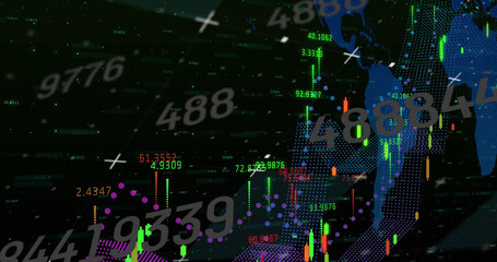 Image of data processing and numbers on black background