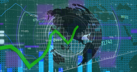 Image of financial data and graphs over globe rotating on green background