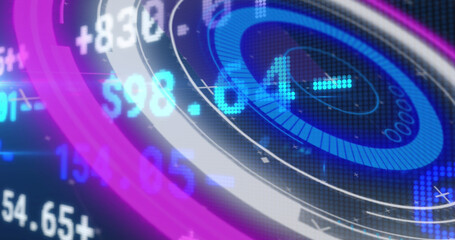 Image of financial data over processing circle in digital space