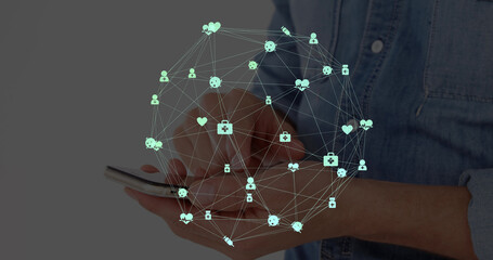 Image of network of connections with icons over men using smartphone