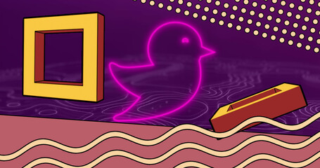 Image of neon bird, rotating squares and waves over purple background
