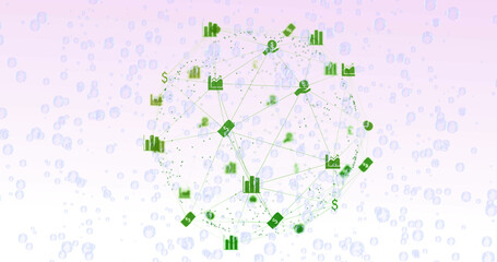 Image of network of connections with icons on white background