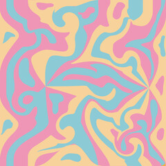 Fototapeta na wymiar 1970 Wavy Swirl Seamless Pattern in Orange and Pink Colors. Seventies Style, Groovy Background, Wallpaper