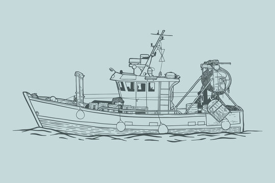 Fishing boat side view - vector illustration - Out line
