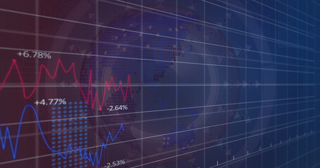 Image of financial data and graphs over rotating globe