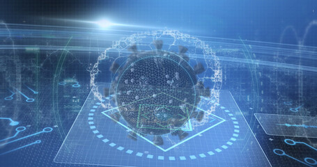 Image of scope scanning and virus cell over brain