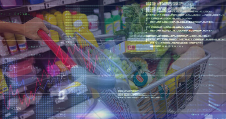 Image of data processing over caucasian man with trolley in shop