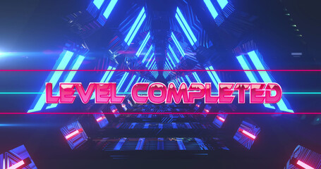 Image of level completed text over digital tunnel