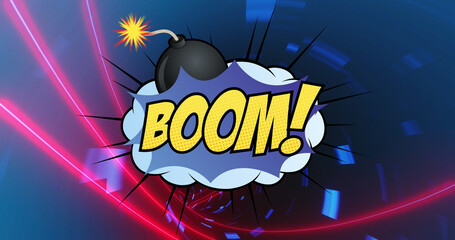 Image of boom text on retro speech bubble over neon shapes on blue background © vectorfusionart