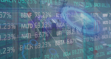 Image of stock market and data processing over server room