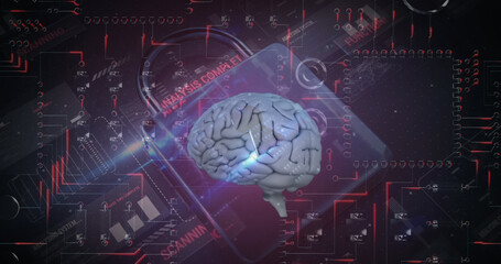 Image of human brain, data processing, online security padlock and circuit board