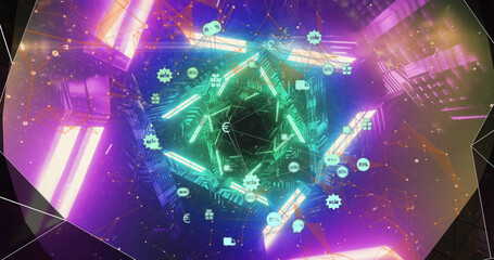 Image of globe with network of connections and icons over glowing neon shapes