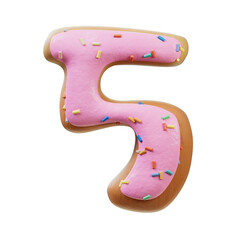 Rose Glazed Donut font alphabet number 5 with tasty decoration on top of cream. Collection of Sweet Brilliant 3D illustration number for your text, typography, massage.
