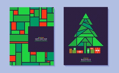 Set of Christmas posters in bauhaus style. Bright Christmas tree on black background and triangle mosaic grid pattern. New year cards collection in red and green colour geometric shapes. Vector flyers