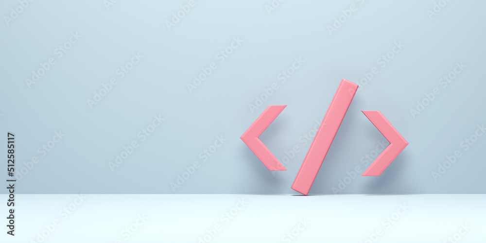 Poster 3d rendering, 3d illustration. code icon on blue background. programming code product development fo