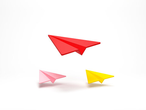 3D rendering, 3D illustration. Paper plane flying icon on white background. Minimal cartoon style