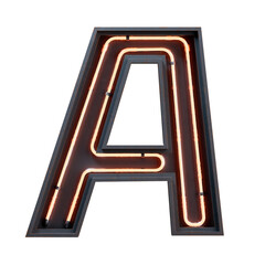 3D illustration of orange Neon light alphabet character Capital letter A. Neon tube Capital letter orange glow effect in black metal box.3d rendering isolated on white background.
