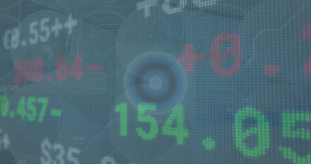 Image of stock market, scope scanning and financial data processing over blue background