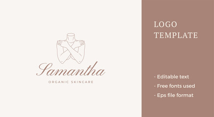 Monochrome antique woman naked body sculpture with crossed hands cover breast line art logo vector