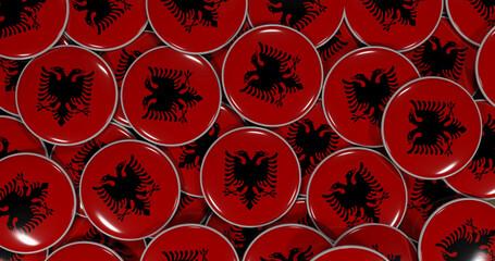 3D rendering of Albania flag pins on a wooden table for politics, support and nationalism