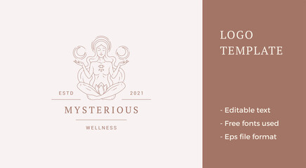 Female naked body esoteric half moon spiritual meditation relax lotus posture line art logo vector
