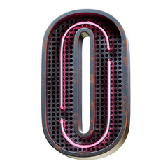 3D illustration of Pink Neon light alphabet character Capital letter O. Neon tube Capital letter Pink glow effect in Black rusty metal box.3d rendering isolated on white background.
