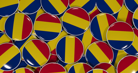 3D rendering of Romania flag pins on a wooden table for politics, support and nationalism