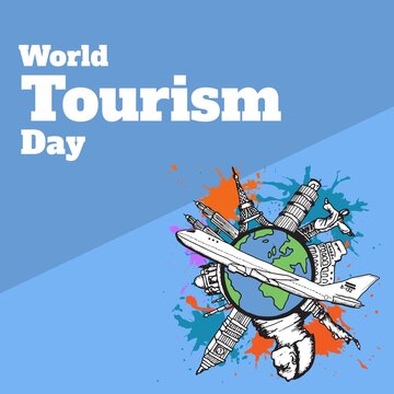 Vector image of various monuments on globe with world tourism day text, copy space