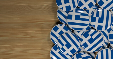 Obraz premium 3D rendering of Greece flag pins on a wooden table for politics, support and nationalism