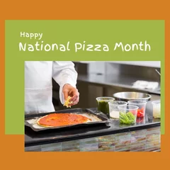 Poster Midsection of caucasian chef making pizza on counter in restaurant and happy national pizza month © vectorfusionart