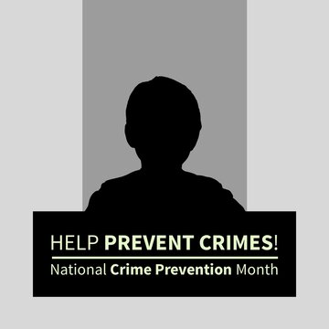 Illustration of criminal with help prevent crimes and national crime prevention month text