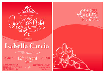 Quinceañera invitation template for 15th Birthday celebration in red, pink and white colors with My fifteen years sign in Spanish. Beautiful modern calligraphy event announcement design.