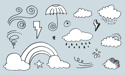 Weather Doodle Vector Set isolated on a grey background. hand drawn vector illustration.
