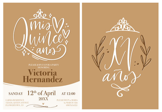Quinceañera elegant invitation design. My fifteen years signs in Spanish language for 15th Birthday celebration of a teenage girl. Modern calligraphy party announcement template in tan beige, white an