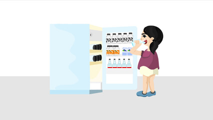 A girl drinking water in the refrigerator.