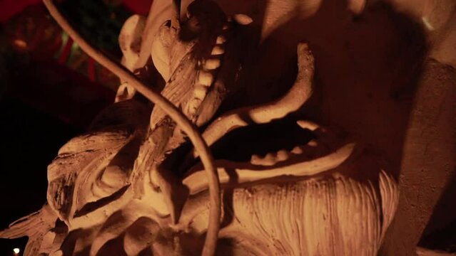 details of the interior design of the old building. ornament with dragon shape on pillar at Sam Poo Kong temple, Semarang, Indonesia. old pagoda