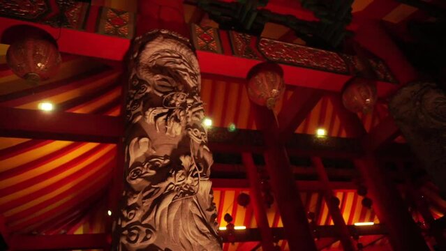 ornament with dragon shape on pillar at Sam Poo Kong temple, Semarang, Indonesia. old pagoda