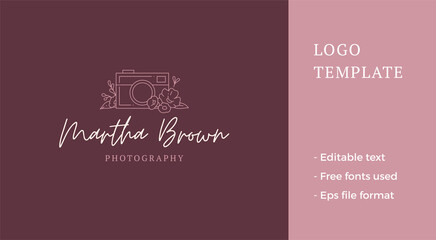 Minimalist vintage camera botanical blossom decor romantic feminine beauty blog line art logo vector