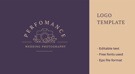 Feminine elegant photo video camera botanical blossom decorative design line art logo vector
