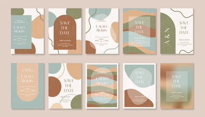 Set of Boho Arch vintage Wedding Invitation Terraccota Rust Beige with Abstract Flowing Shapes Earthy Boho, Abstract Wavy Lines Terracotta. © ku4erashka