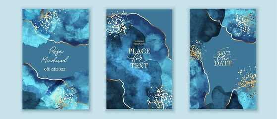 Set of vertical backgrounds. Blue watercolor fluid painting vector design. Dusty pastel, neutral and golden marble. Dye elegant soft splash style. Alcohol ink imitation. Wedding cards. - obrazy, fototapety, plakaty