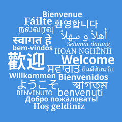 Composition of "Welcome" messages in world different written languages, White texts on Blue background
