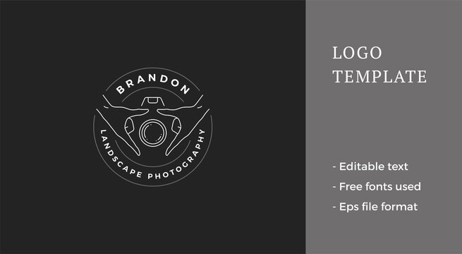 Minimalist human hands holding camera lens shutter circle line art logo with place for text vector