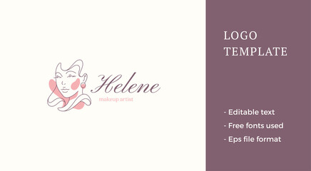 Elegant female face in earrings pastel spot continuous line art logo minimalist vector illustration