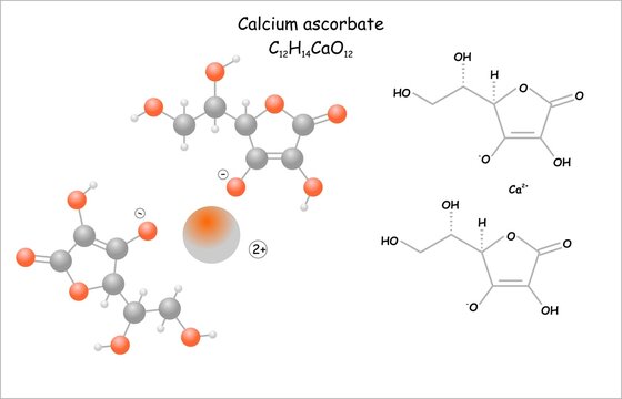 Stylized molecule model/structural formula of calcium ascorbate.