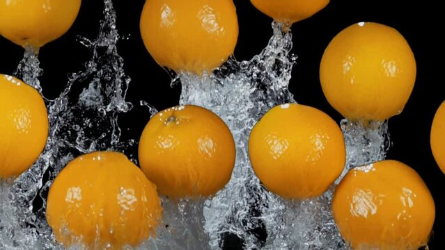 Bunch of large delicious oranges is bouncing from the water with splashes