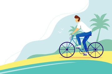 Young man riding a bike on the beach. Summer illustration. Active lifestyle concept.